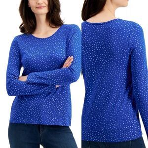Charter Club Glitter Dot blue long sleeve crew neck Top blouse pima cotton XL
